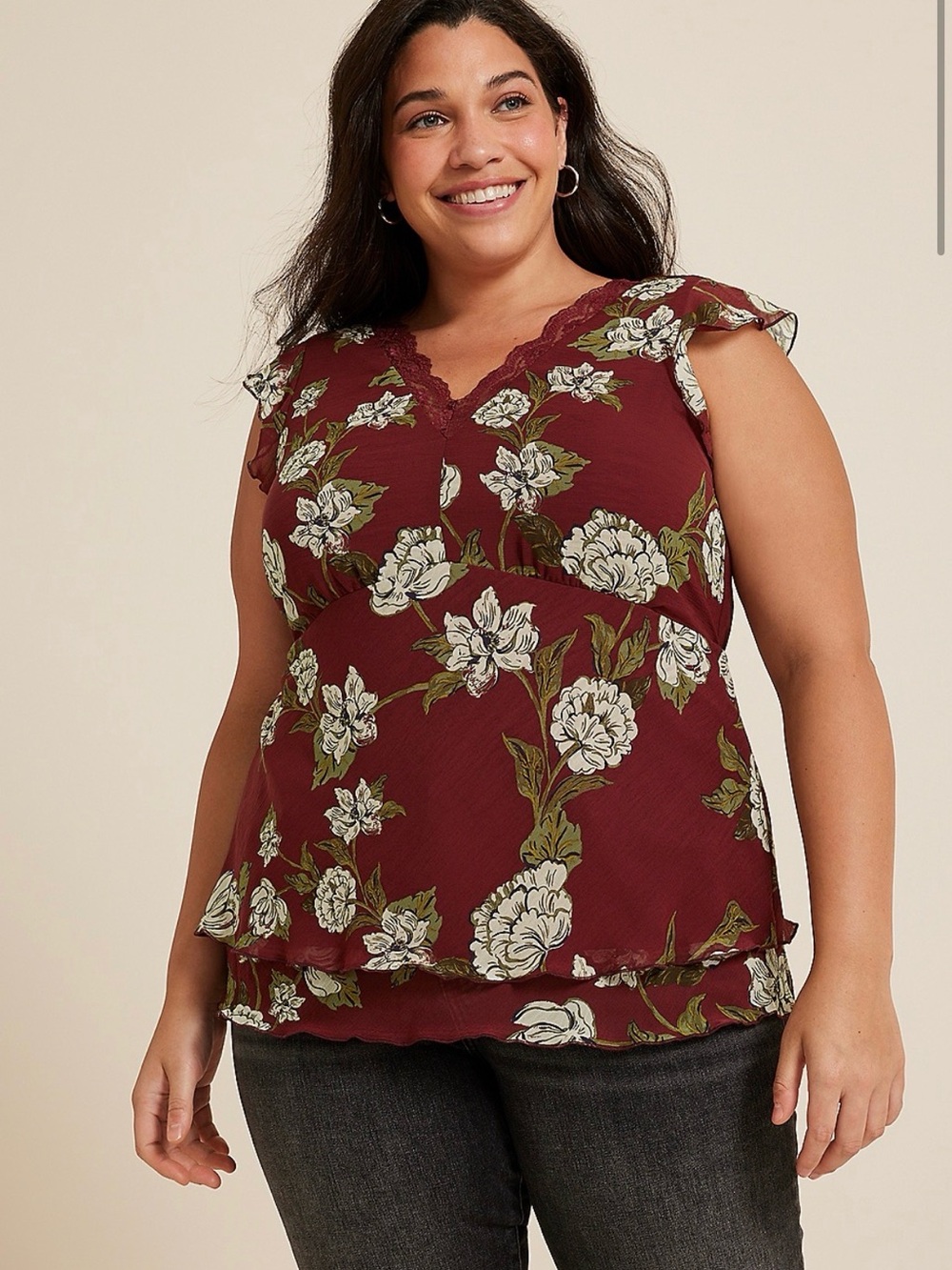 NWT Maurices Burgundy Floral Lace-Trim V-Neck 2X